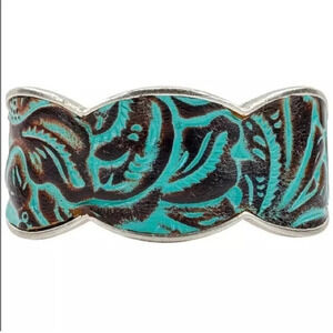 Patricia Nash Turquoise Silver Tone Leather L Cuff